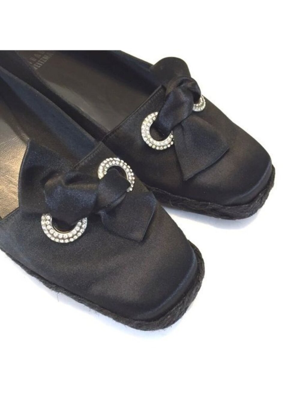 Stuart Weitzman Womens Wedge Espadrille Loafers Black Satin Bow Jewels size 5.5 - Picture 7 of 11